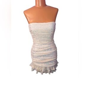 Lucy in the Sky Strapless White Ruched Bodycon Dress